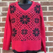 Covington Red Black Snowflake Angora Nylon Lambs Wool Blend V-Neck Sweater M