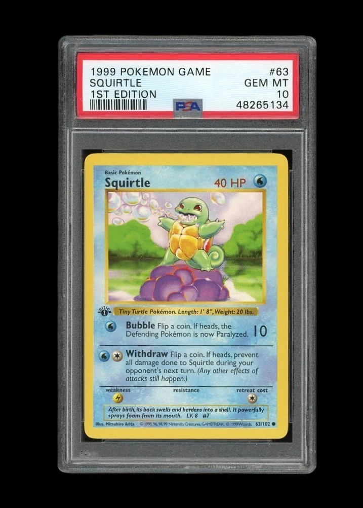 POKEMON PSA 10 GEM MINT SQUIRTLE 1ST EDITION SHADOWLESS BASE SET
