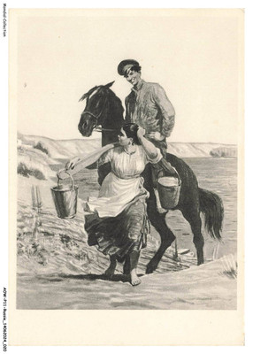 AOWP11-0682-RUSSLAND - Ein Mann auf seinem Pferd mit einer Frau und Eimern Wasser