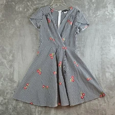 Smak Parlour Dress Medium Black White Gingham Check Embroidered Flowers Retro