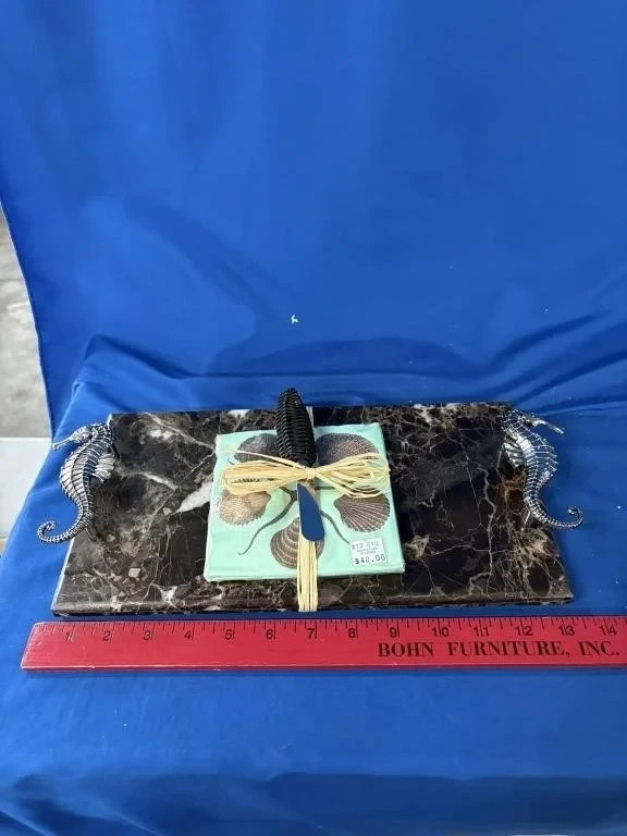 Mud Pie Seahorse Metal Handled Marble Cheese Board & Spreading Knife 7” x 13”