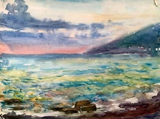 Watercolor Painting Orange Sunset Unknown Artist Unframed Original nAAA3532