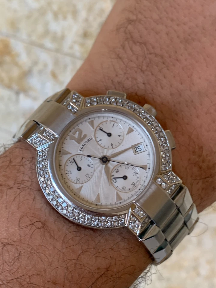 Authentic Concord La Scala Chronograph Men 38mm Quartz Steel Diamond Bezel Watch - image 3 of 4