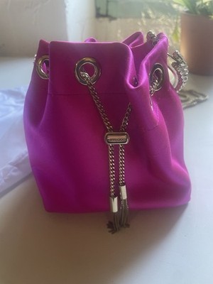 Jimmy Choo Tasche Handtasche Satin rosa Kette gold Kordel Futter beige Karte