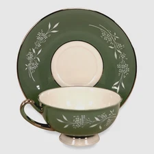 Syracuse Candlelight White Flowers on Green Rim Footed Tea Cup and Saucer Set 