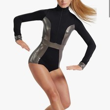 NWOT Balera Long Sleeve Zipper Front Mock Neck Silver/Black Leotard, Sz S Adult