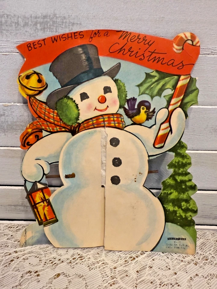 Centro de mesa de tarjeta de Navidad vintage doble globo muñeco de nieve panal MCM hecho en EE. UU. Foto 2 de 4