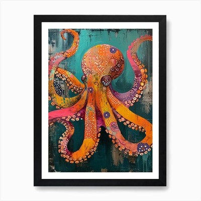 Kitsch Bunter Oktopus 2 Kunstdruck gerahmtes Wandbild Poster Leinwanddruck Bild