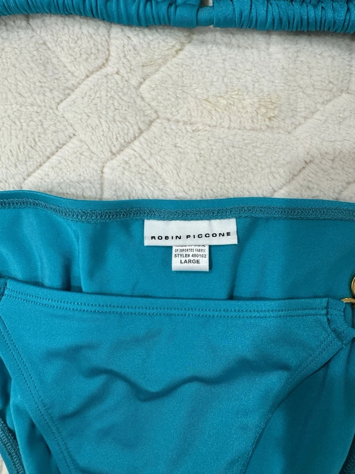 Suite de baño Robin Piccone azul cian con inserciones doradas almohadillas extraíbles talla L Foto 3 de 4