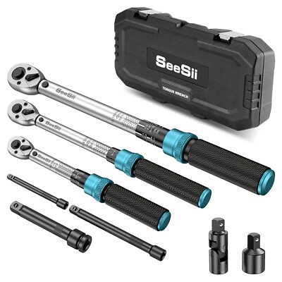 Seesii 1/4 3/8 1/2 Click Torque Wrench Set 8PC 45-221in.lb 7-45ft.lb 30-160ft.lb
