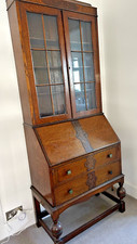 Antique Edwardian Wooden Oak Writers Desk Bureau Glass Bookcase Drawers Vintage