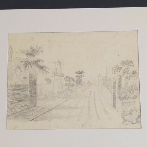 Antique Original Art Sketch 1800s Lighthouse Tower Trees Dirt Road Pave Stones - Picture 2 of 8