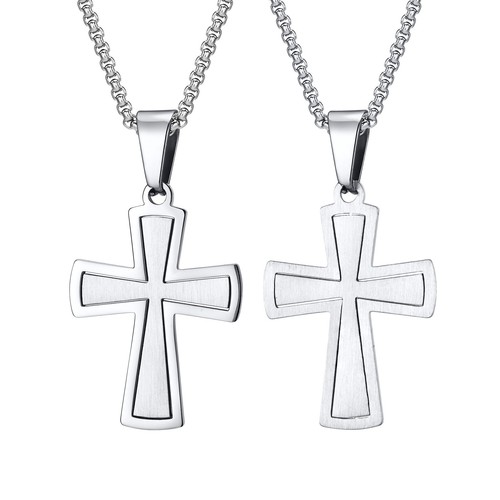 Mens Simple Fashion Stainless Steel Silver Crystals Cross Pendant Necklace 24'' - Picture 5 of 23