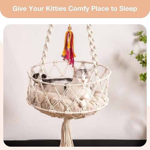 Mewoofun Cat Hammock Macrame Cat House Cat Swing Bed Cushion Wall Hanging Indoor - Picture 4 of 8