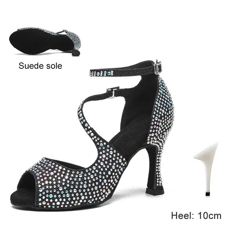 Women Latin Dance Shoes Ballroom Tango Rhinestones Dancing Shoes High