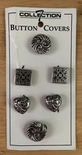 Vintage 90s Silver Tone Button Covers Set of 6 Filigree Heart Square Round NOS