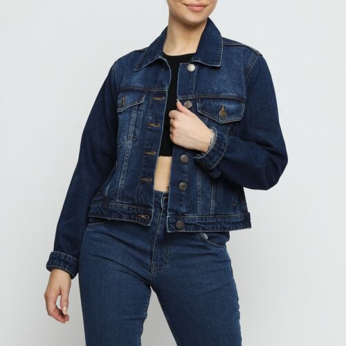 New Womens Denim Jacket Mid Blue Wash Ladies Long Sleeve Jeans Coat All ...