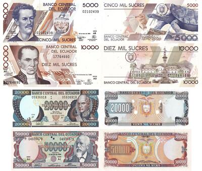 Ecuador 5000 10000 20000 50000 Sucres 1999 P 128c 127e 129 130 UNC Set 4 Pcs