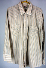ELY CATTLEMAN VINTAGE MENS XL PEARL SNAP Beige STRIPED L/S WESTERN SHIRT