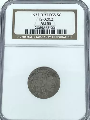 1937- D, 3 Leg Buffalo Nickel NGC AU55