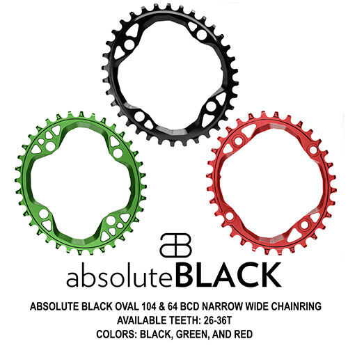Absolute Black Oval 104 & 64 BCD Narrow Wide Chainring Black Green Red 26T-36T