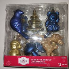 Holiday Time 12 Shatterproof Christmas Ornaments Brand New 6 Designs 2 each