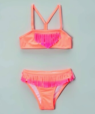 NWT Jantzen Girls Two Pc Pink Electric Ombré Fringe Bikini Swimsuit Set 5 $48