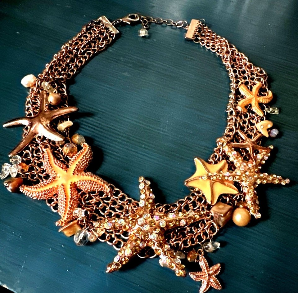 Vintage Starfish Chunky Statement Necklace Charm Cluster AB Crystal