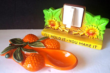MCM Chalkware Miller Studios 1973 Recipe Holder Cal Orig USA Orange Spoon Rest