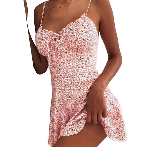 Damen Blumen Boho Sexy Sommer Träger Kleid Damen Urlaub Strand Mini Sommerkleid - Bild 12 von 13