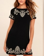 Lulus Tale to Tell Beige and Black Embroidered Shift Dress Small 