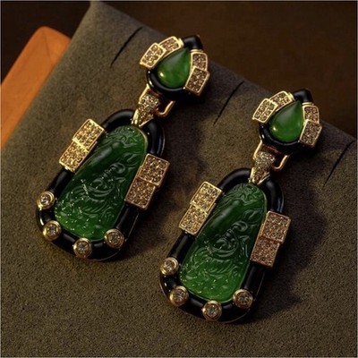 Green Jade Crystal Dangle Drop Earrings Gold Tone Rectangular Fashion
