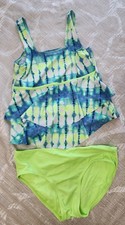 Girls sz 20 Justice neon green and blue ruffle tankini