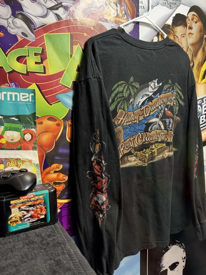 Y2K Harley Davidson Long Sleeve Flame Sleeve🔥🔥 XL 2005 Print On Sleeve Vintage - Image 2 of 4