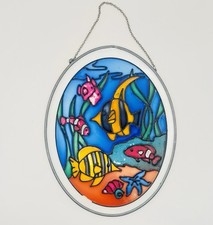 Vintage 9  x7  Hanging Suncatcher Window Art Stained Glass Fish Sealife Oval
