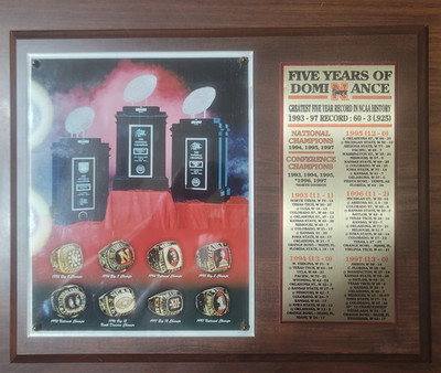 Nebraska Cornhuskers ''Five Years of Dominance'' Championship Plaque w/ Trophys