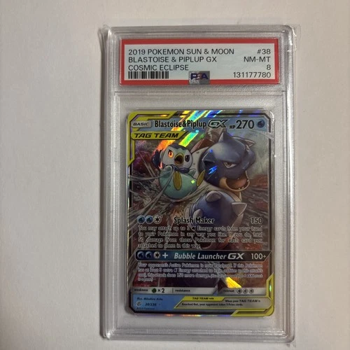 2019 POKEMON SUN & MOON COSMIC ECLIPSE #38 BLASTOISE & PIPLUP GX PSA 8