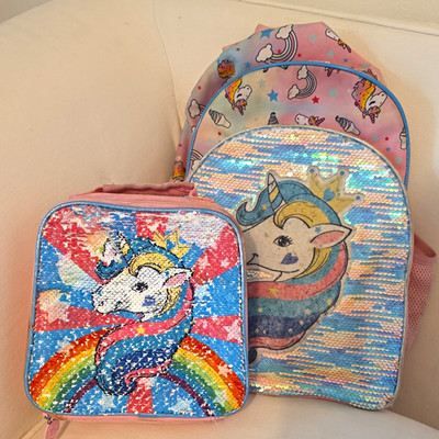 Girls Small Pink Rainbow Unicorn Sequin Backpack w/ Matching Lunch Bag Set