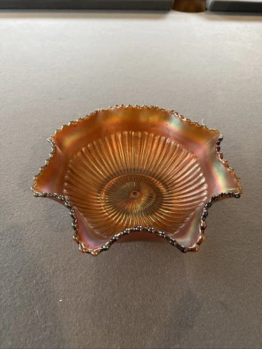 Antique Northwood Stippled Rays Carnival Glass Bowl 8.5” – Marigold – Marked