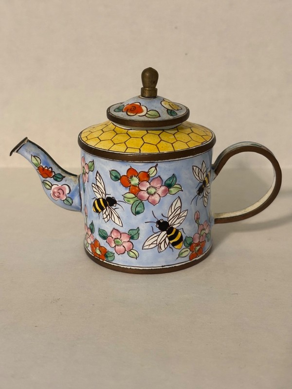 KELVIN CHEN MINIATURE ENAMEL HAND PAINTED TEAPOT WITH FLOWERS AND BEES