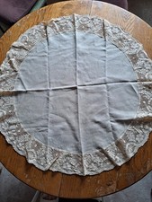 Vintage Pure Linen Ecru Round Tablecloth with 4" Lace Edge 