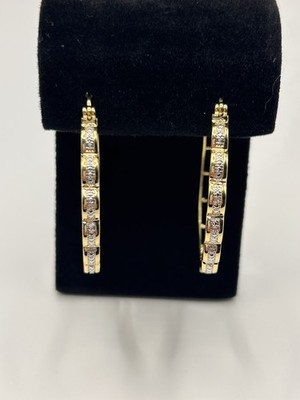Emulous White Diamond Accent Yellow Gold Over Bronze Scalloped Hoop Earrings NEW