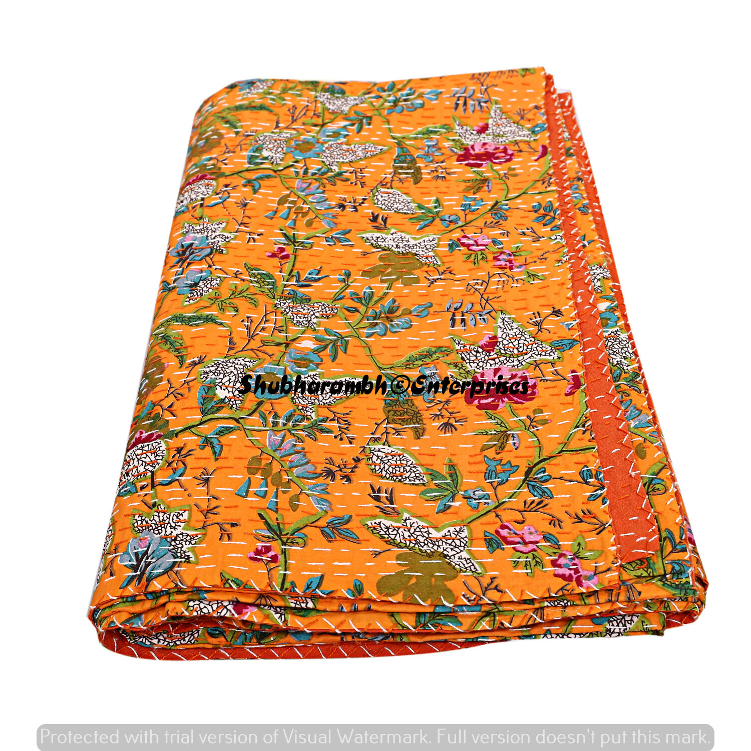 Indian Orange Floral Kantha Throw Blanket Reversible Comforter Handmade Blanket