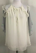 New Lauren Conrad Womens Blouse Open Shoulders Tie Ivory Gray Ruffles Lined 2XL