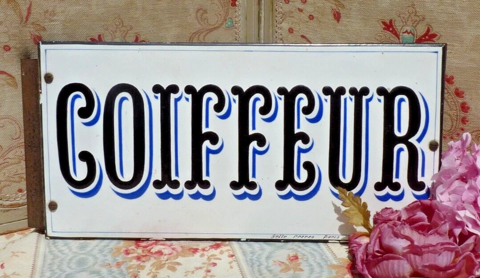 ANCIENNE ENSEIGNE double faces "COIFFEUR"/ PLAQUES BOMBÉES en TOLE ÉMAILLÉE - Photo 2/4