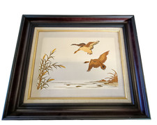 Vintage Gerahmtes Papierintarsien Bild mit fliegenden Enten Natur Handarbeit