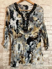 Elementz Top Womens XL Watercolor Florals Crinkle Pleated Tunic Beaded Stretch