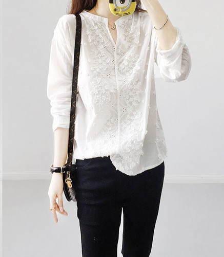 Regular Fit Women Cotton Linen Button Closure Blouse Long Sleeves Top Shirt - Picture 5 of 16