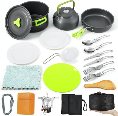 19PCS Camping Cookware Mess Kit, Non-Stick Pot Pan Fry Pan Set With Cups Plates
