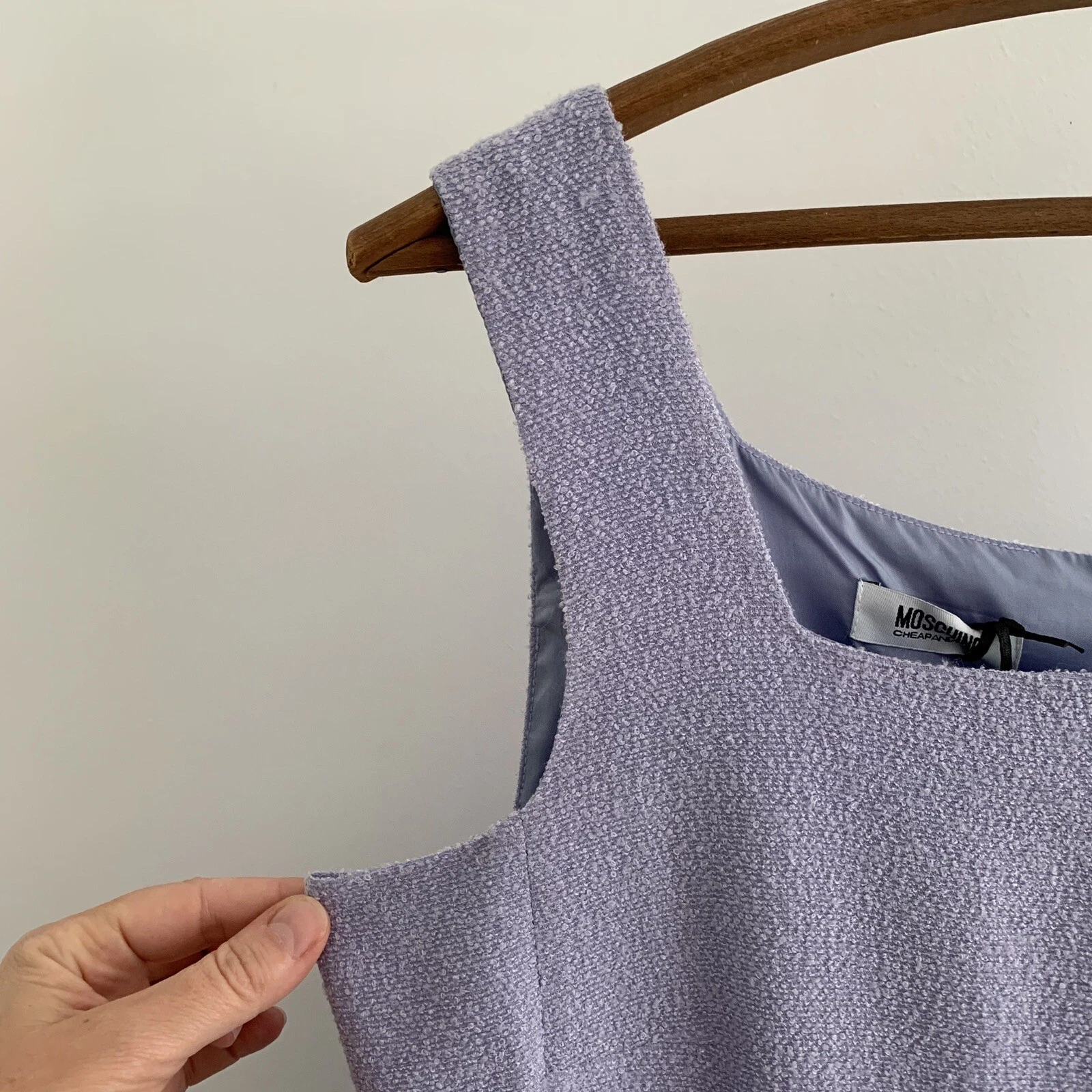 Moschino abito lilla economico chic boucle viola cambio quadrato UK 12 tasche IT44 10